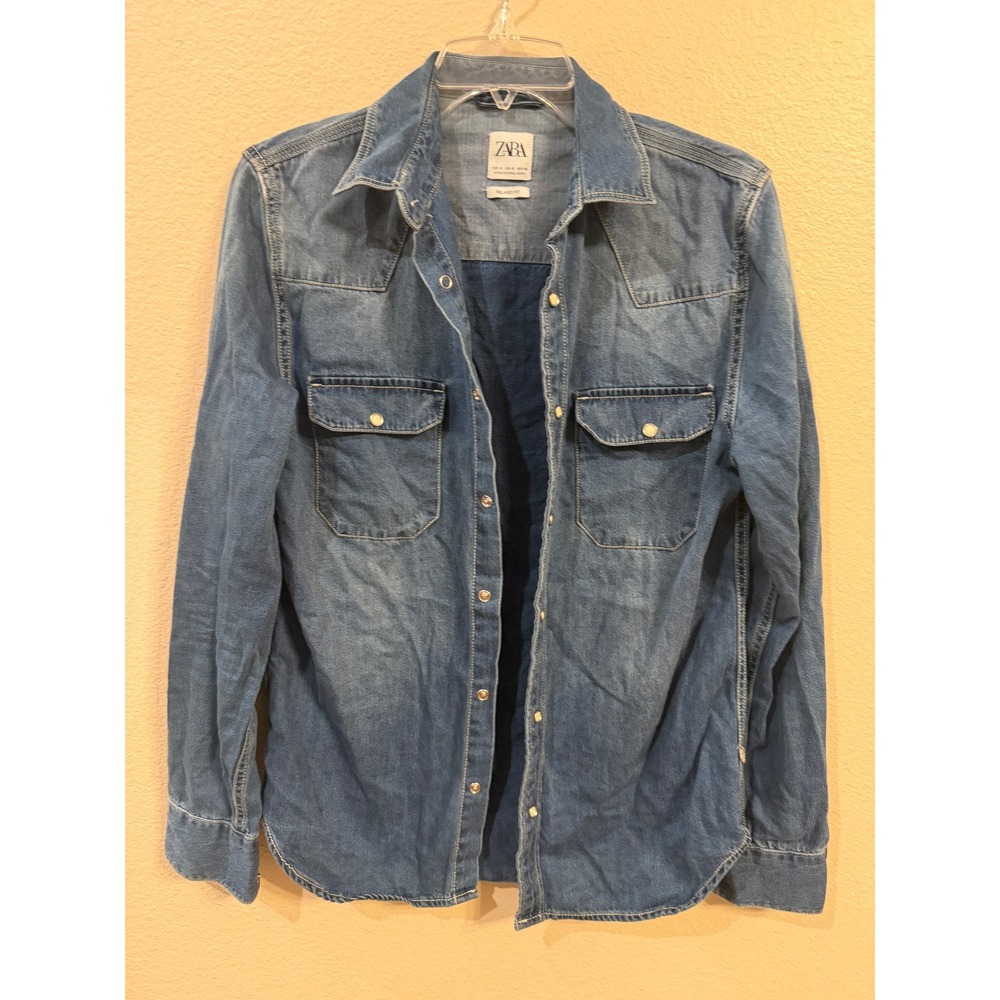 Zara Denim Button Down Shirt Womens Small Blue Excellent Relaxed Fit Western